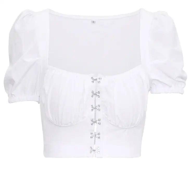 Puff Sleeve Collar Buttoned Crop Top-White-12