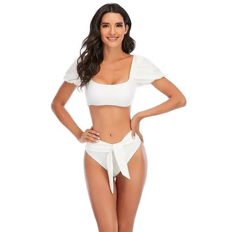 Puff Sleeve One-Line Neck Swimsuit High Waist Tie Bikini-White-4