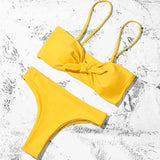 Pure Color Bikini Strap And Bow Split Swimsuit-Yellow-4