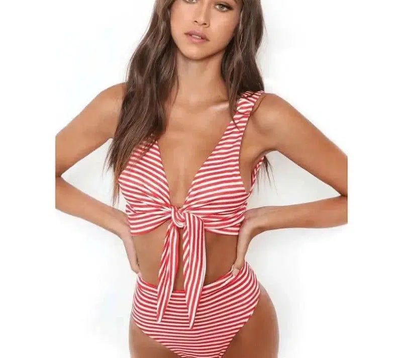 Retro high waist striped bikini deep V European and-Red-2