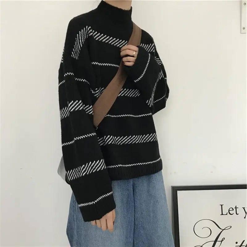 Retro sweater turtleneck striped sweater-5