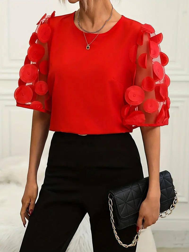 Round Neck Hollow-out Short-sleeved Shirt Casual Top-Red-10