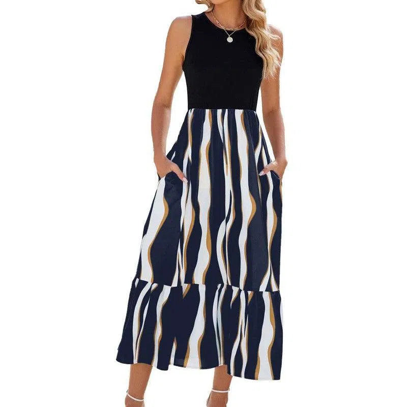 Round Neck Sleeveless Long Dress Summer Fashion Striped Print Dresses Womens Clothing-Navy Blue-6