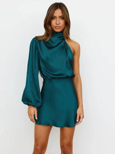 Satin Long Sleeve One-shoulder Elegant Dress-4