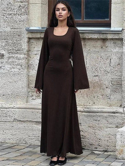 Elegant Maxi Dresses | Ribbed Long Sleeve-Dark Brown-9