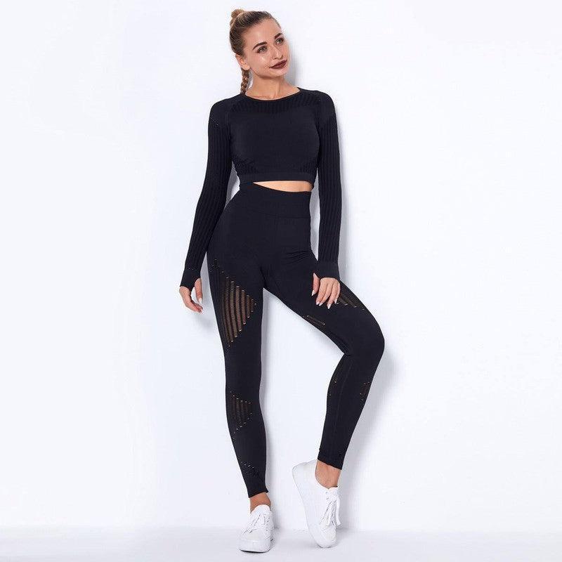 Seamless Knitted Absorbent Yoga Long-Sleeved Suit Yoga Wearsuit-Black-13