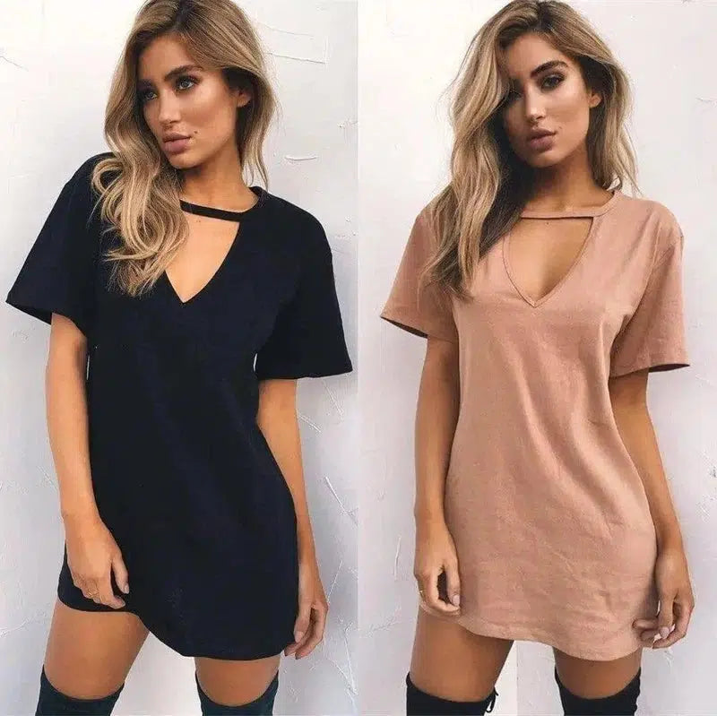 deep V short-sleeved T-shirt loose casual dress-6