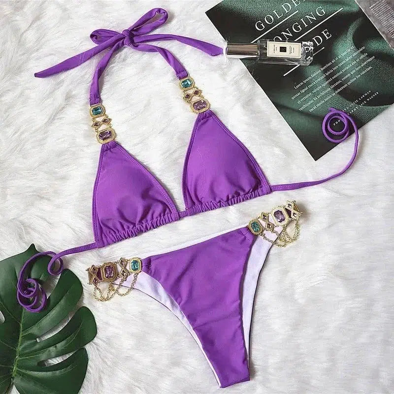 Purple Halter Crystal Diamond Bikini Female-Purple-8