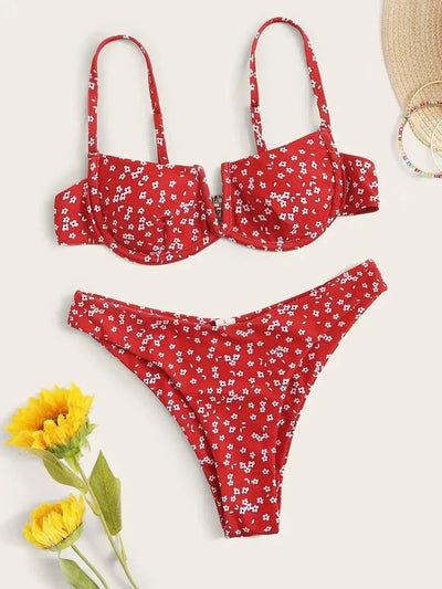 Small Floral Bikini Split Female Swimsuit-Red-2