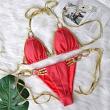 Sexy strapless bikini with golden straps-Coralred-5