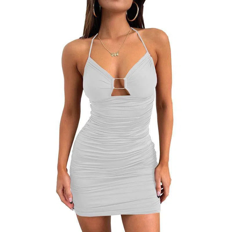 Suspender Short Dress With Hollow Collar Design And Hip-hugging Dress Summer Womens Clothing-White-5