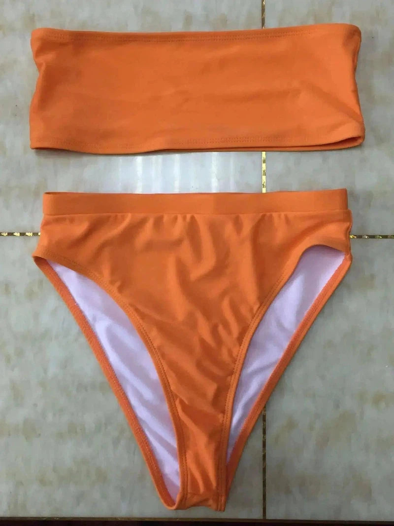 Two-Piece Breast Wrap Swimsuit Bikini Set Tube Top Set-Orange-6