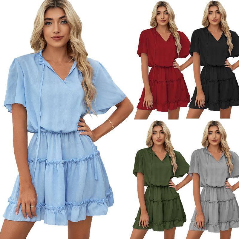 Short Sleeve Dress Women's Ruffled V-neck-2