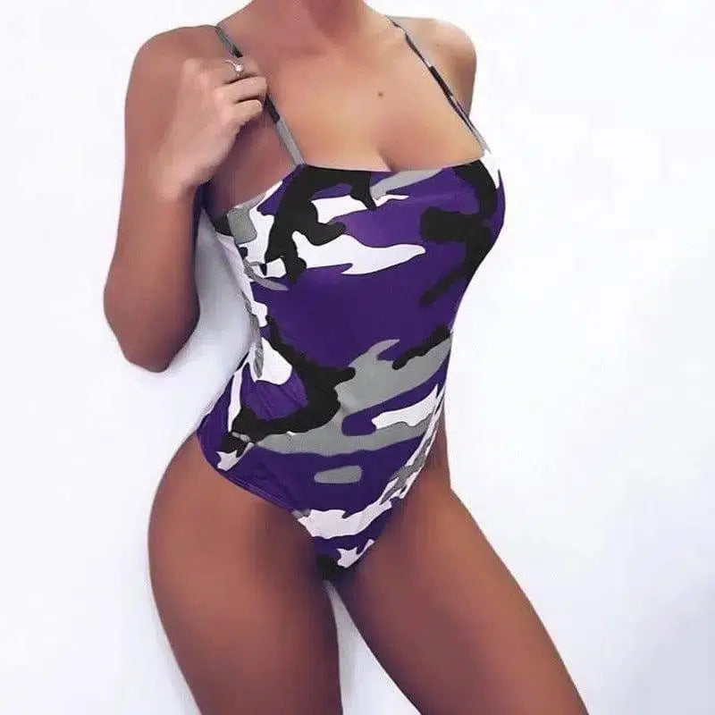 Slim-Fit Suspender Camouflage One-Piece Swimsuit Jumpsuit-Purple-2