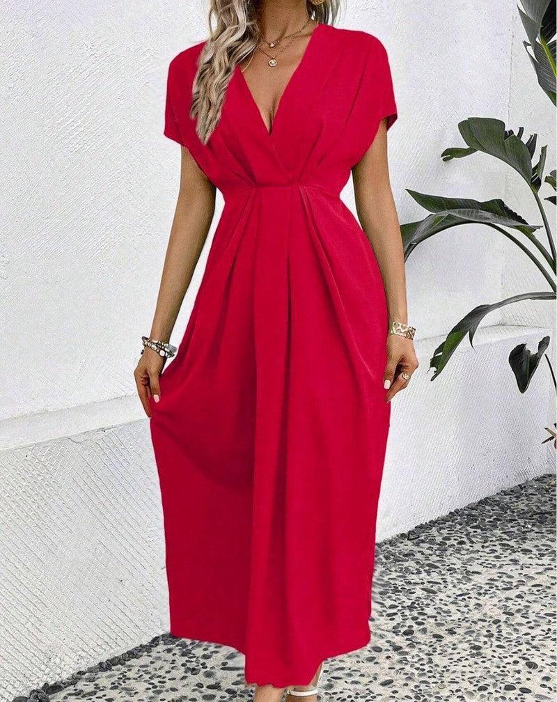 Solid Color Deep V Shoulder Sleeve Folding Elastic Waist-Red-7