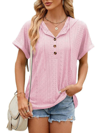 New Solid Color Hooded Button T-shirt Loose Hollow Design Short-sleeved Top For Womens Clothing-Pink-11