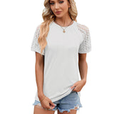 Solid Color Round Neck Top Women's Lace Hollow Design Short-White-4