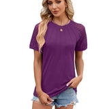 Solid Color Round Neck Top Women's Lace Hollow Design Short-Purple-7