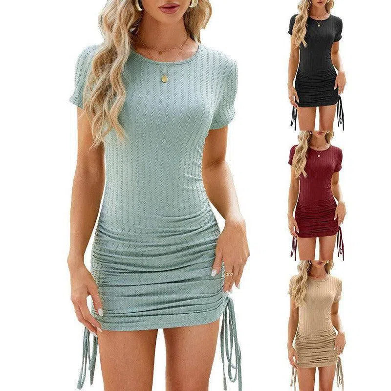 Solid Color Short-sleeved Slim Short Dress Fashion Round Neck Pleated Drawstring Design Dress Womens Clothing-1