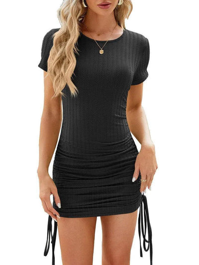 Solid Color Short-sleeved Slim Short Dress Fashion Round Neck Pleated Drawstring Design Dress Womens Clothing-Black-3