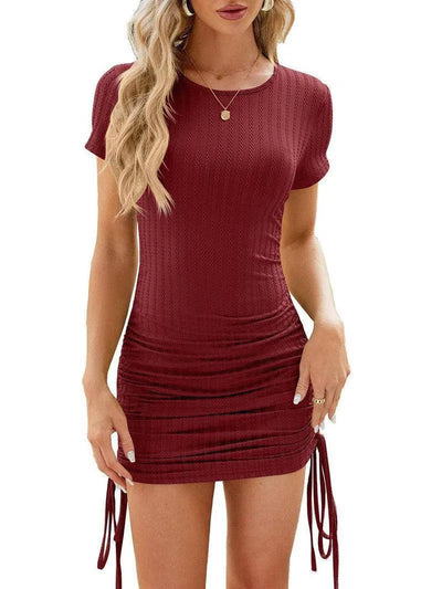 Solid Color Short-sleeved Slim Short Dress Fashion Round Neck Pleated Drawstring Design Dress Womens Clothing-Wine Red-4