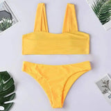 Solid color shoulder split swimsuit women-Yellow-9