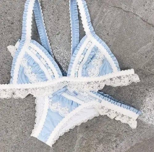 Solid Color Swimsuit Lace Stitching Bikini-SkyBlue-3