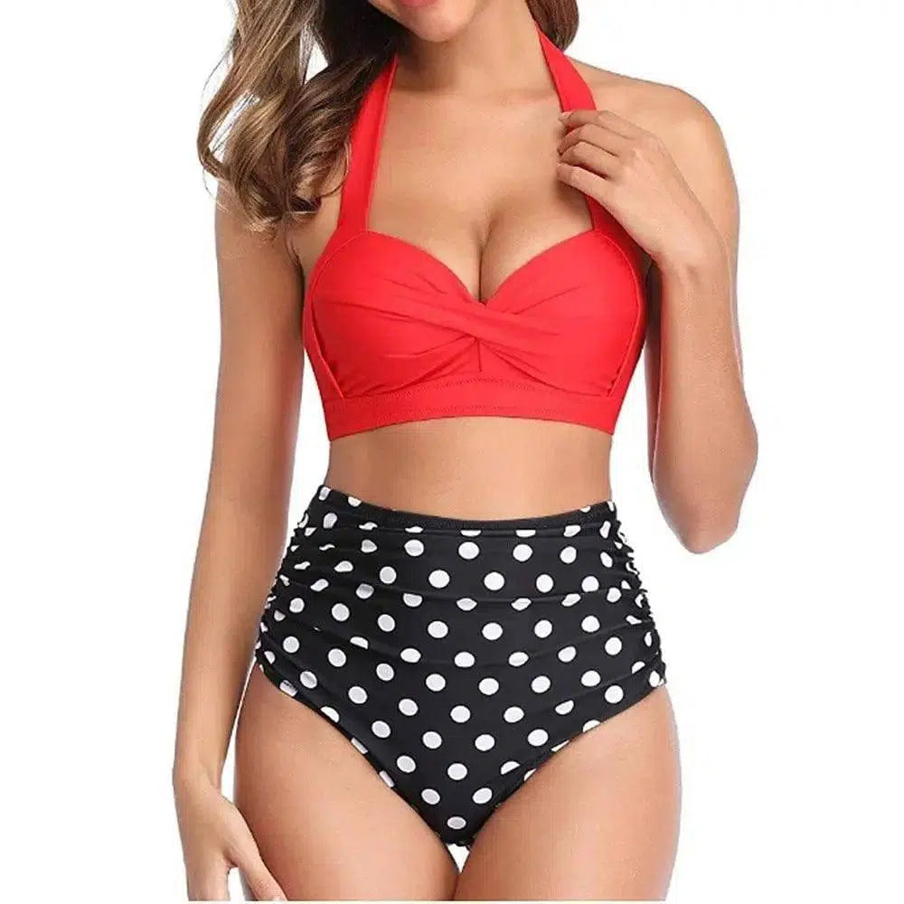 Split Bikini Print High Waist Nylon Swimsuit Swimwear-Redpolkadots-8