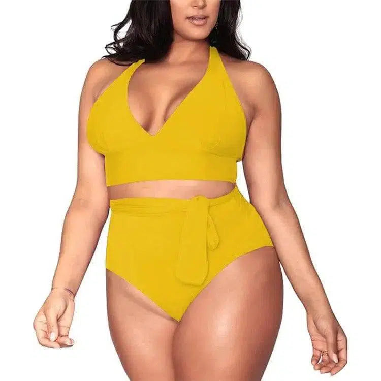 Split large size straps sexy bikini multi-rope belt deep V-Yellow-2