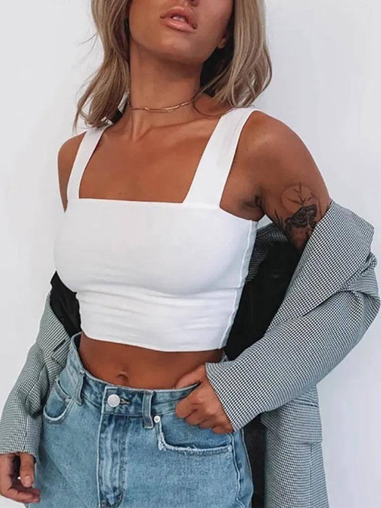 Square Neck Sleeveless Summer Crop Top White Women Black-WHITE-11