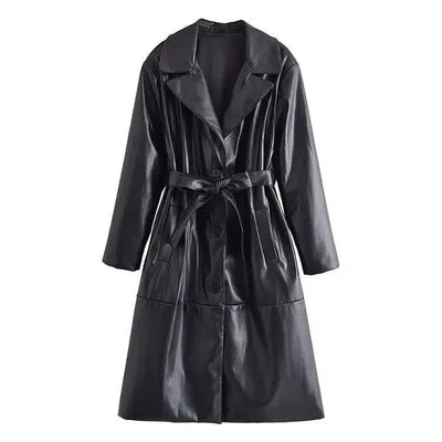 Stylish Belted Faux Leather Trench Coat-Black-3