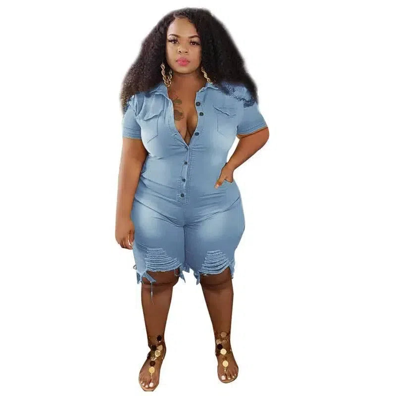 Plus Size Clothing Jeans Jumpsuits Women L-5XL Short Sleeve Bodysuit Ripped Denim Shorts Jumpsuits Wholesale Dropshipping-2