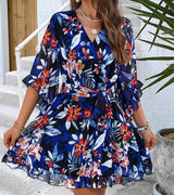 Summer Floral Print Short Sleeves Dress Lace Up Ruffles-2