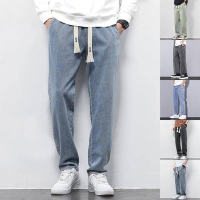 Summer Loose Wide Leg Jeans Pants Men Fashion Drawstring Resistance To 030 Gray / 5XL-1