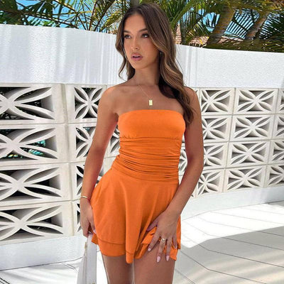 Summer Ruffles Tube Short Dress Fashion Solid Color Party-6