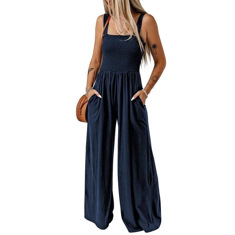 Summer Square Neck High Waist Jumpsuit Women's Backless Apricot / XL-Blue-8