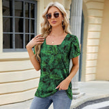 Summer Top Fashion Square Neck Printed Short-sleeved T-shirt-Leaves Flower-2