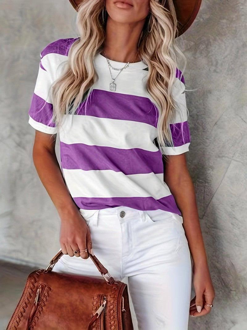 Summer Women's Fashion Striped Printed Short Sleeve Casual-Purple-10