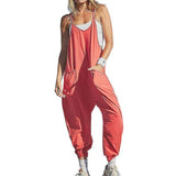 Summer Women's Loose Sleeveless Jumpsuits Spaghetti Strap Long Pant Romper Jumpsuit With Pockets Zipper-Orange red-5