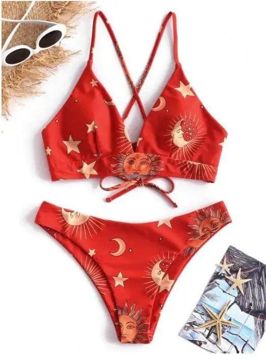 Sun Moon Star Print High Waist Split Bikini-Red-1