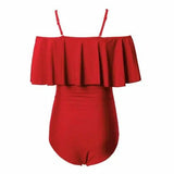 Swimsuit Belly Big Ruffle Oneshoulder Onepiece Swimsuit-Red-4