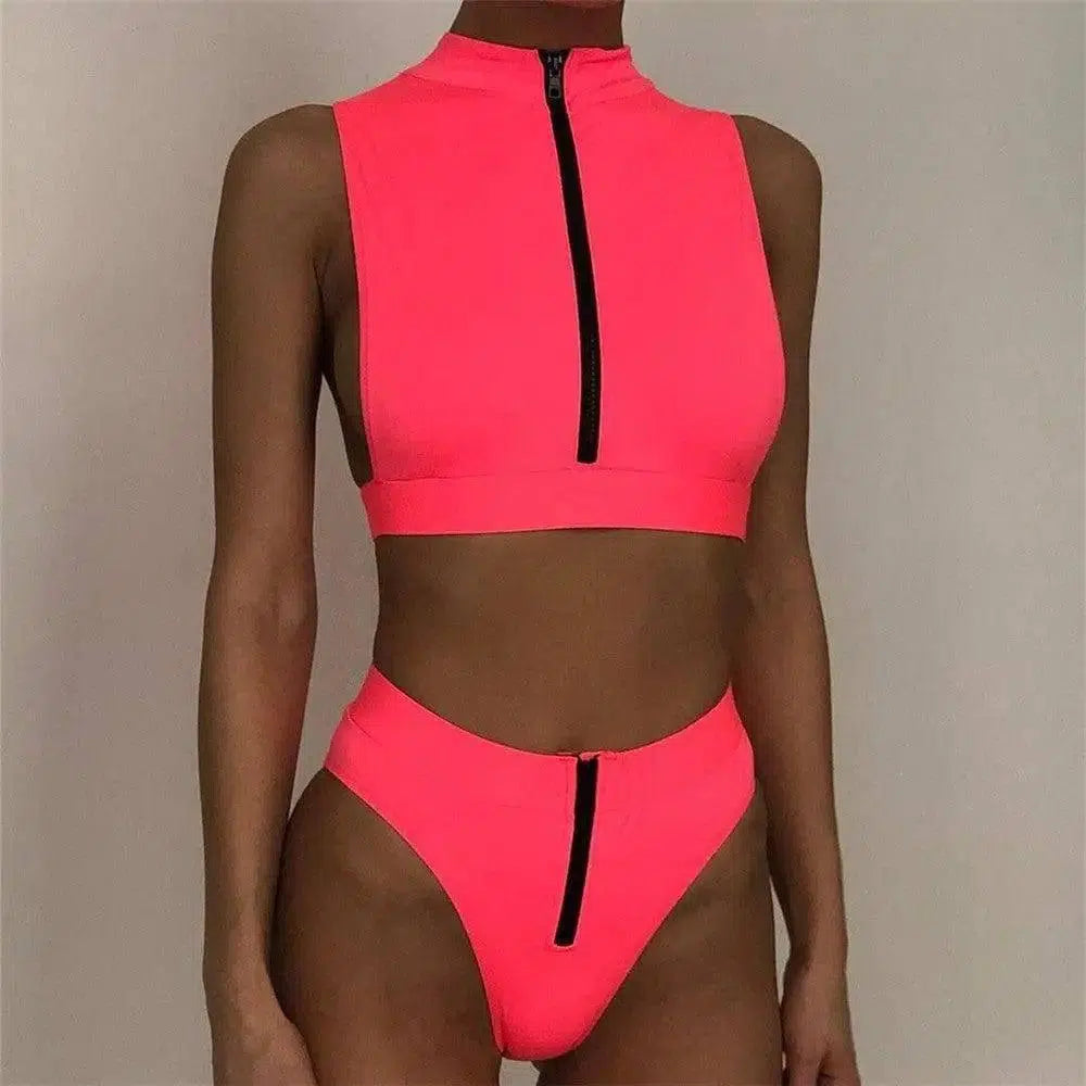 Swimsuit Fluorescent Swimsuit Solid Bikini-Pink-4