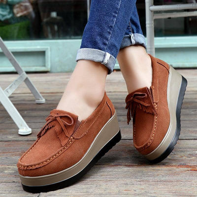 New Tassel Bow Design Shoes For Woman Fashion Thick Bottom Wedges Shoes Casual Slip On Solid Color Flats-2