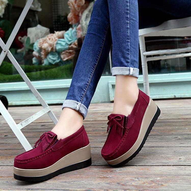 New Tassel Bow Design Shoes For Woman Fashion Thick Bottom Wedges Shoes Casual Slip On Solid Color Flats-4