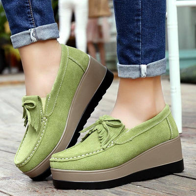 New Tassel Bow Design Shoes For Woman Fashion Thick Bottom Wedges Shoes Casual Slip On Solid Color Flats-5