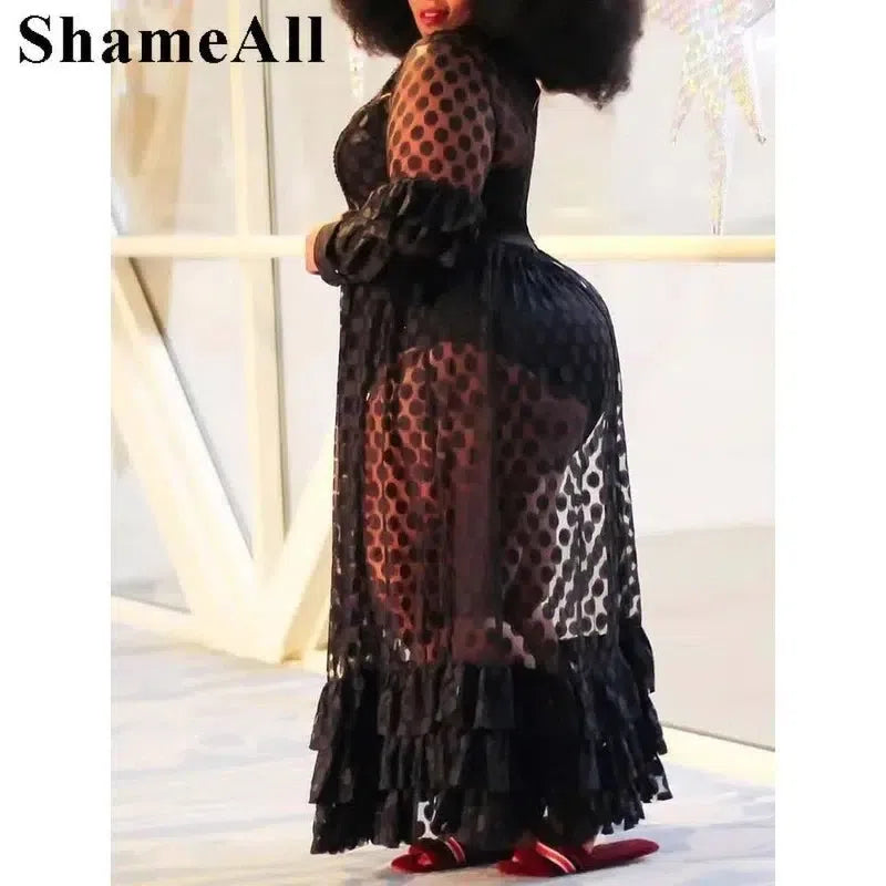 Plus Size Night Club Dress 4XL Women Long Sleeve Dresses Elastic High Waist Black White Lace Dress-2