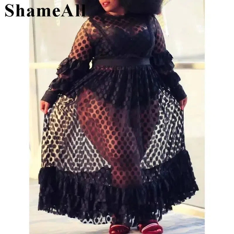 Plus Size Night Club Dress 4XL Women Long Sleeve Dresses Elastic High Waist Black White Lace Dress-3