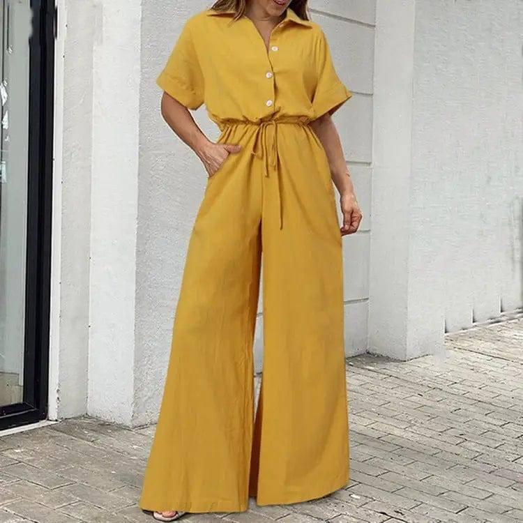 Turnover Collar High Waist Wide Leg Jumpsuit Work Suit-Yellow-3