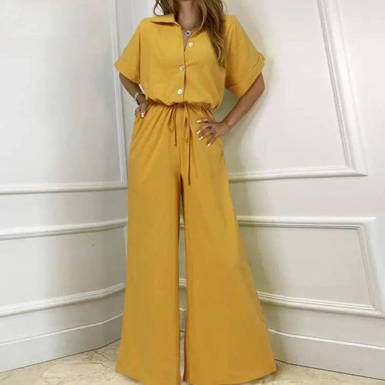 Turnover Collar High Waist Wide Leg Jumpsuit Work Suit-5