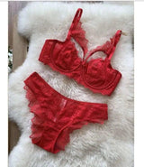 Ultra-thin lingerie sexy lace embroidery hollow bra set-Red-5